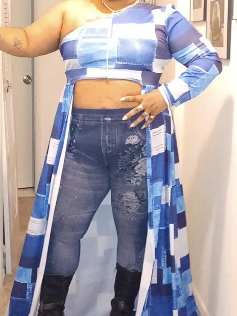 Cute Blue Patchwork One-Shoulder Crop Top with Long Duster Size XL